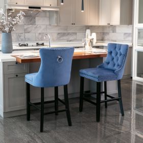 A&A Furniture,Contemporary Velvet Upholstered Barstools with Button Tufted Decoration and Wooden Legs, and Chrome Nailhead Trim