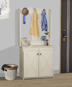 HALL TREE & CABINET "Vintage Antique White Hall Tree with Spacious Storage â€“ Elegant Entryway Furniture with Robust Metal Hooks"