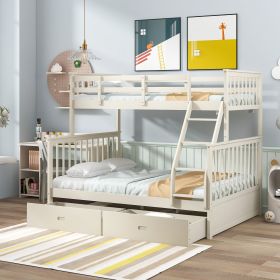 Twin Over Full Bunk Bed with Storage Drawers, Wooden Bunk Bed with Ladder and Safety Guard Rails â€“Cream