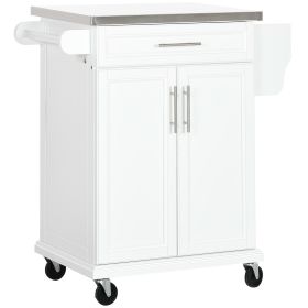 HOMCOM Kitchen Island on Wheels, Rolling Kitchen Cart with Stainless Steel Countertop, Drawer, Towel Rack and Spice Rack, Utility Storage Trolley