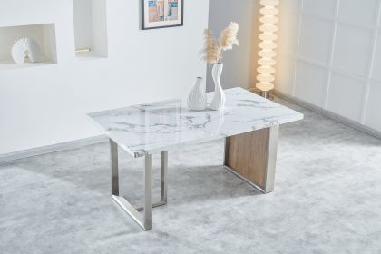Elegant Luxurious Imitation Marble MDF Dinning Table for 6 or 8, Rectangular 63"L*35.4"W*29.8"H, Walnut+Stainless Steel Legs Modern, Durable